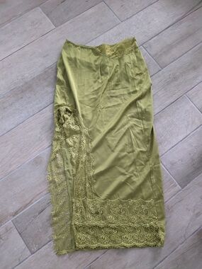 Missguided Olive Satin Midi Skirt with Lace Trim